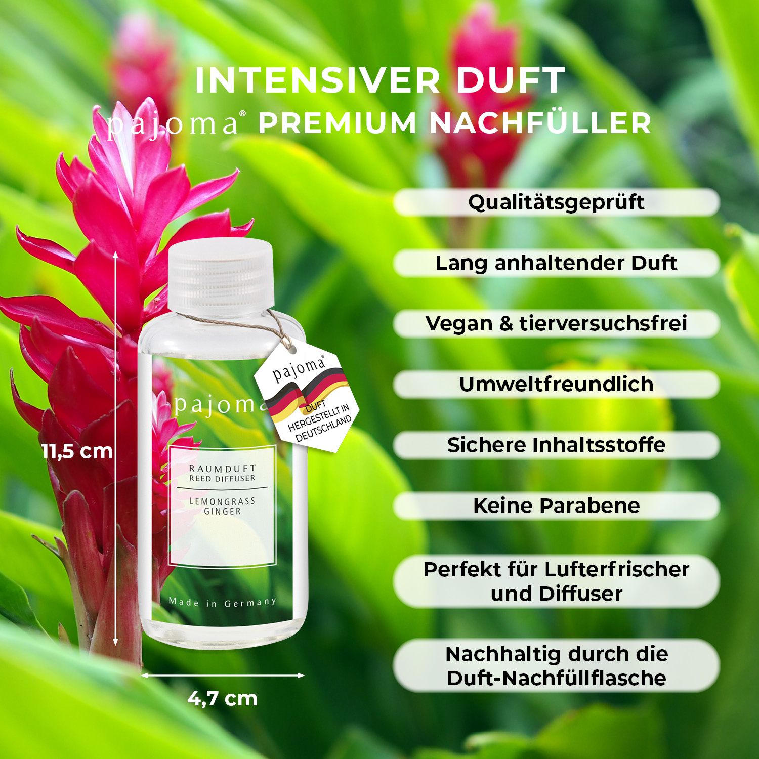 Nachfüllflasche mit Etikett, Lemongras-Ginger. Maße: 11,5 x 4,7 cm. Premium Nachfüller. Vegan & tierversuchsfrei.