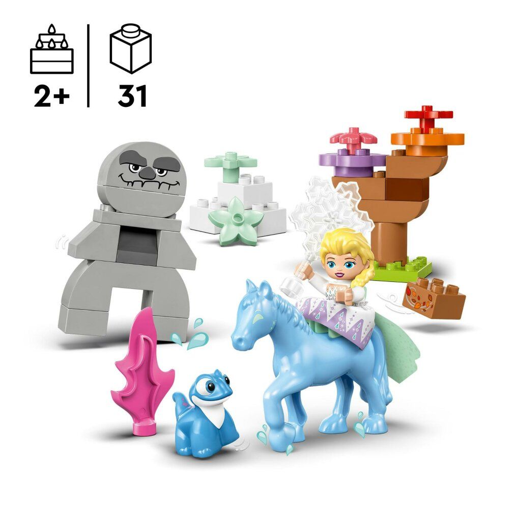 LEGO DUPLO Set mit Elsa, Bruni, blauem Pferd, grauen Felsen, Pflanzen und weiteren Elementen. Altersempfehlung 2+.