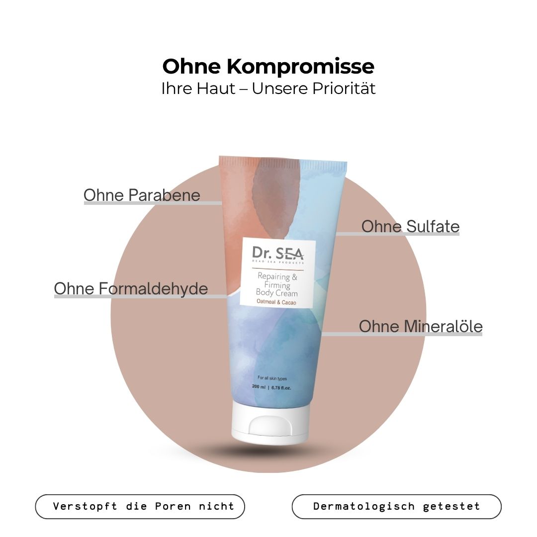 Tube "Dr. SEA" mit Text. Text: Ohne Parabene, Sulfate, Formaldehyd, Mineralöle. Dermatologisch getestet.
