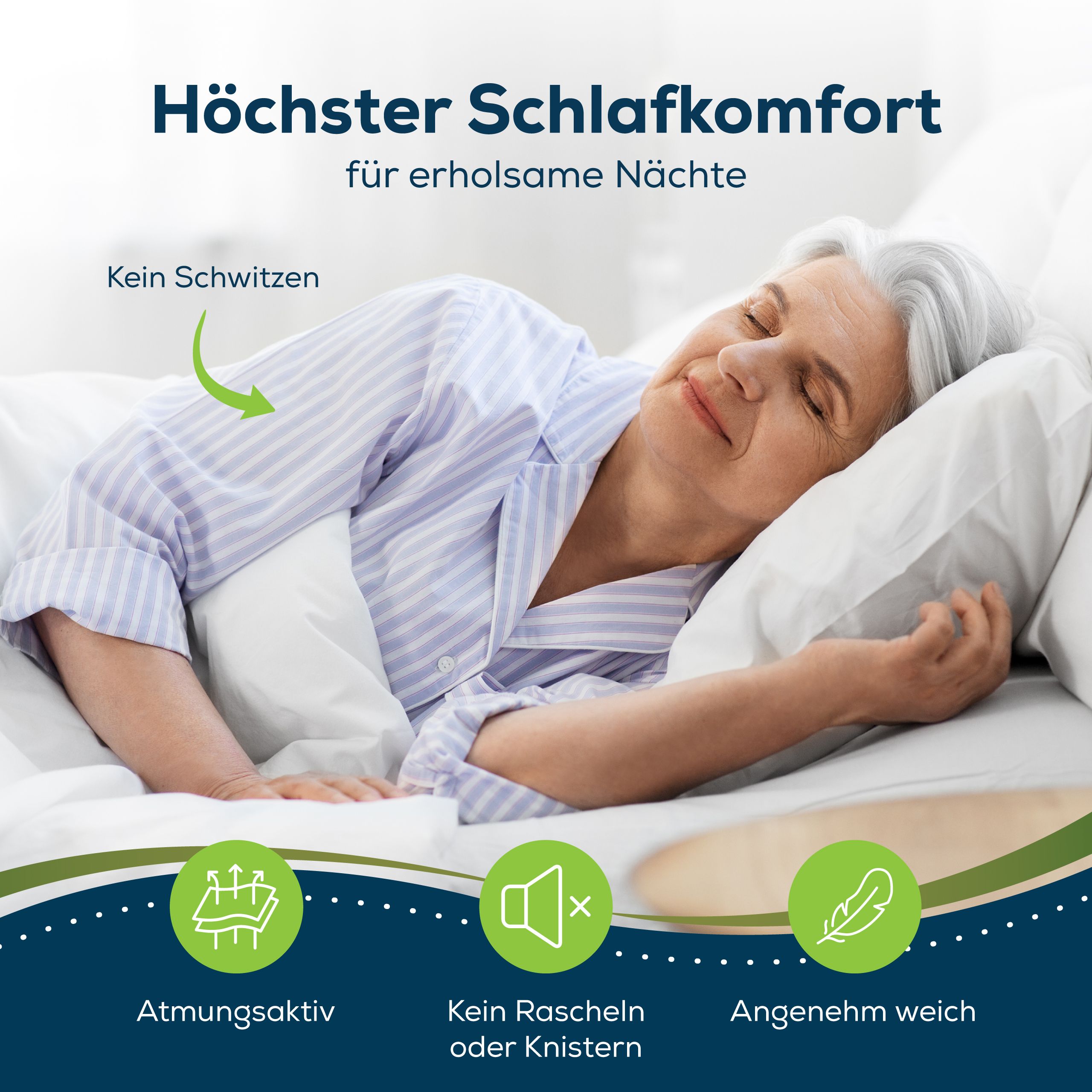 Frau schläft auf einem weißen Kissen und Matratzenbezug. Text: Höchster Schlafkomfort.