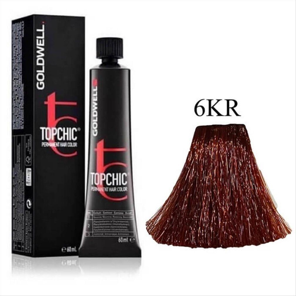 Haarfarben-Packung und Tube. Goldwell Topchic, 6KR. Schwarze Verpackung, Tube mit roter Schrift. Farbmuster.