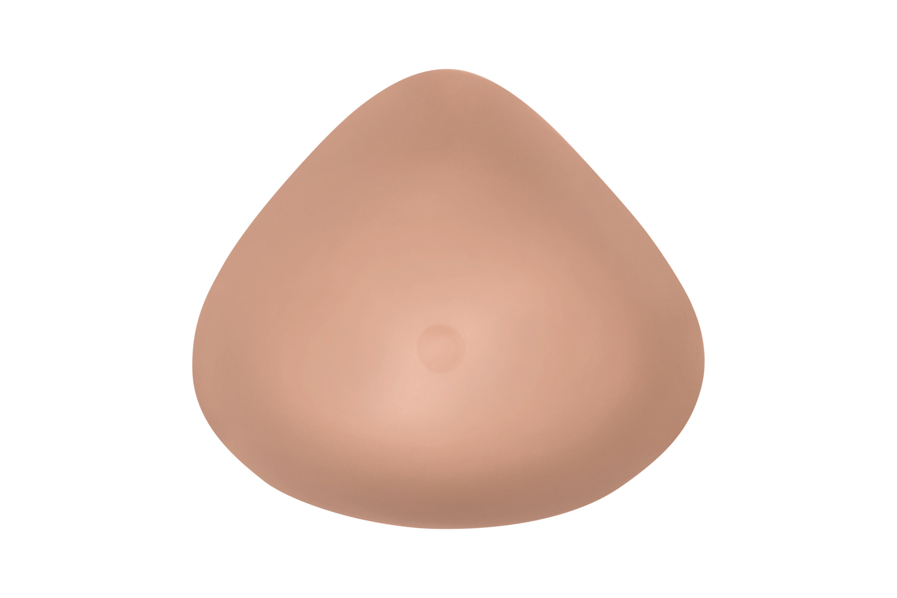 Brustprothese, dreieckige Form, hautfarben. Kleine Erhebung in der Mitte. Glatte Oberfläche.