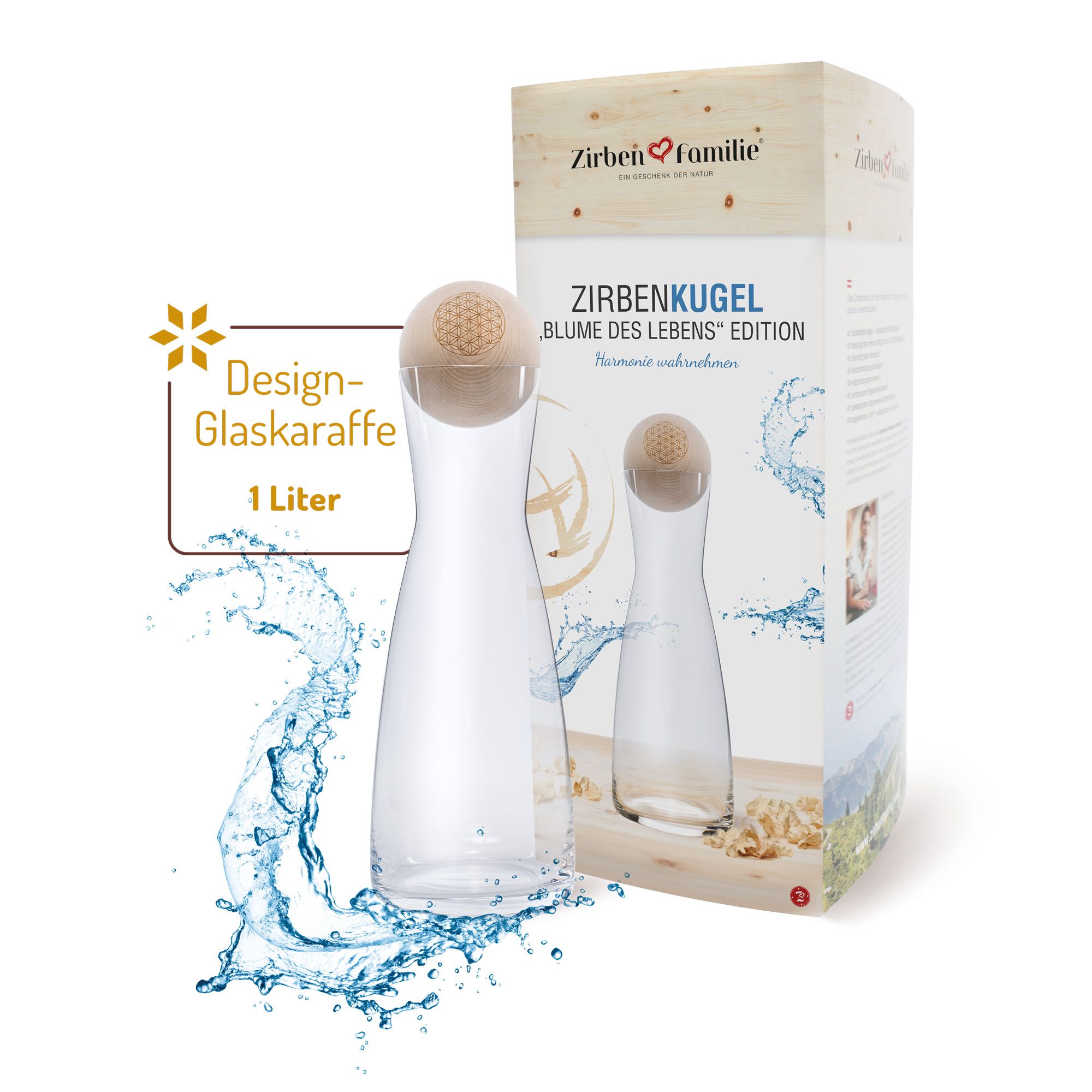Produktverpackung: Glaskaraffe mit Holzkugel. Aufdruck: ZirbenFamilie, Blume des Lebens Edition. 1 Liter.