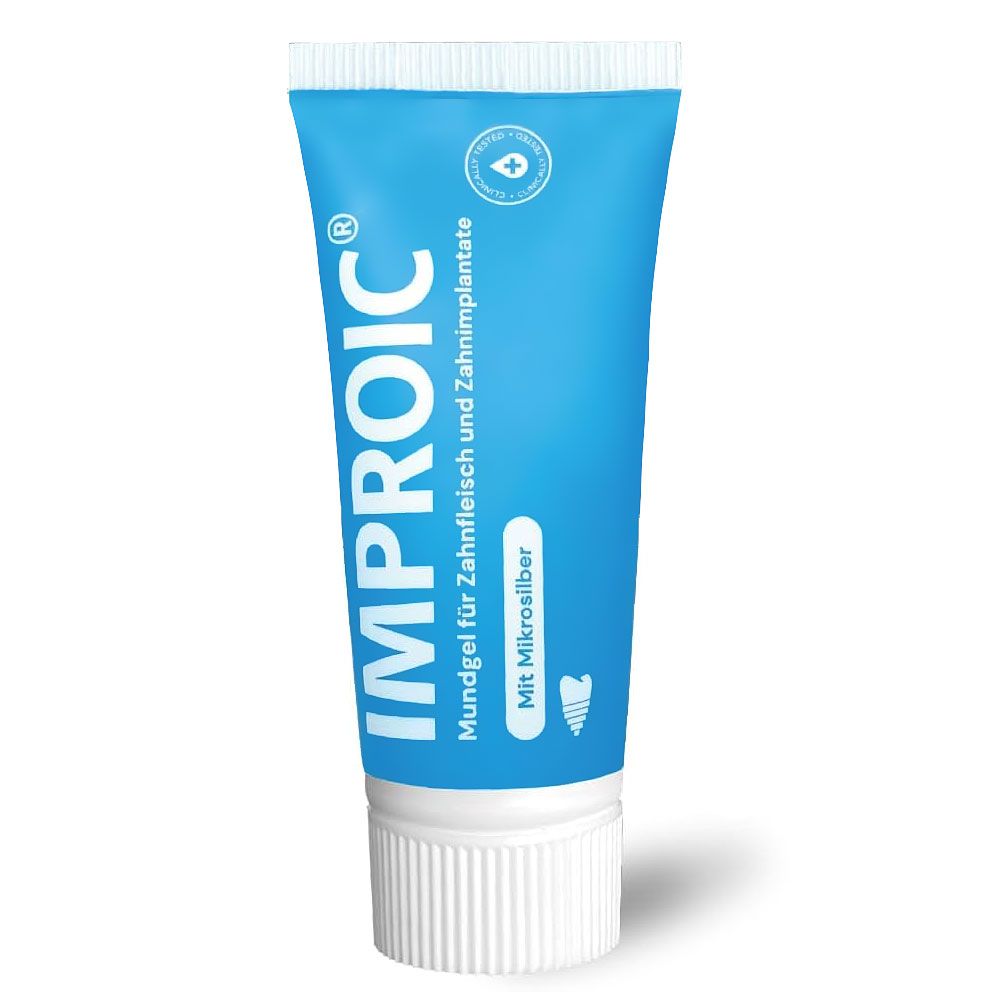 Blaue Tube mit weißem Schraubverschluss. Aufschrift: IMPROIC, Mundgel für Zahnfleisch und Zahnimplantate, Mit Mikrosilber.