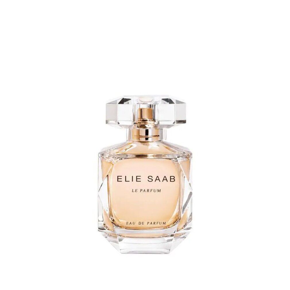 Elie Saab Le Parfum Eau de Parfum Flakon. Klarer, facettierter Glasflakon mit goldfarbenem Verschluss.