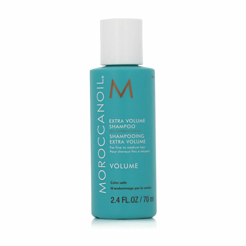Türkisfarbene Shampoo-Flasche mit weißem Deckel. Aufschrift: MOROCCANOIL, EXTRA VOLUME SHAMPOO, VOLUME. 2.4 FL.OZ. / 70 ml.