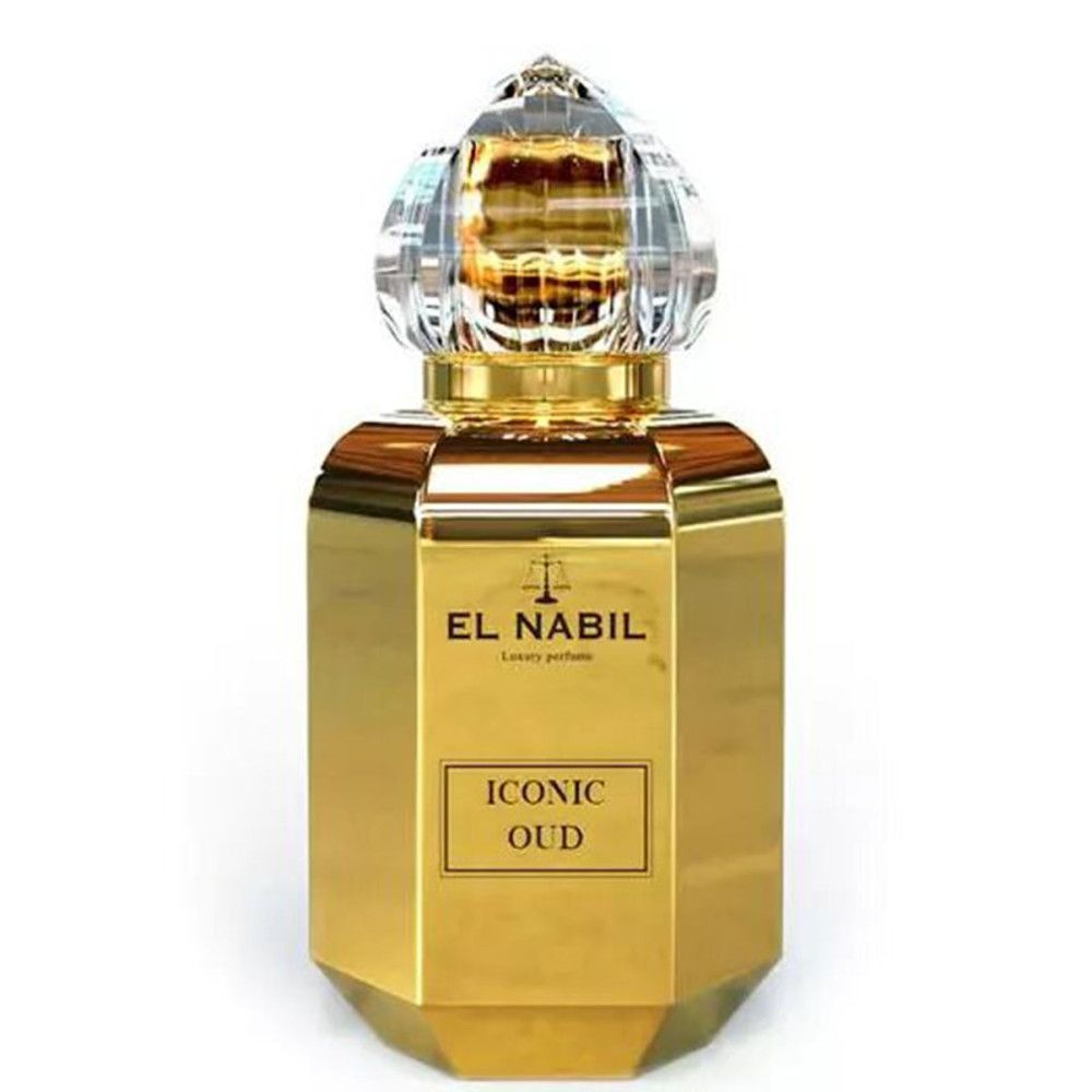 Goldfarbene Parfumflasche mit Kristallverschluss. Aufschrift: EL NABIL, ICONIC OUD. Luxusparfüm.