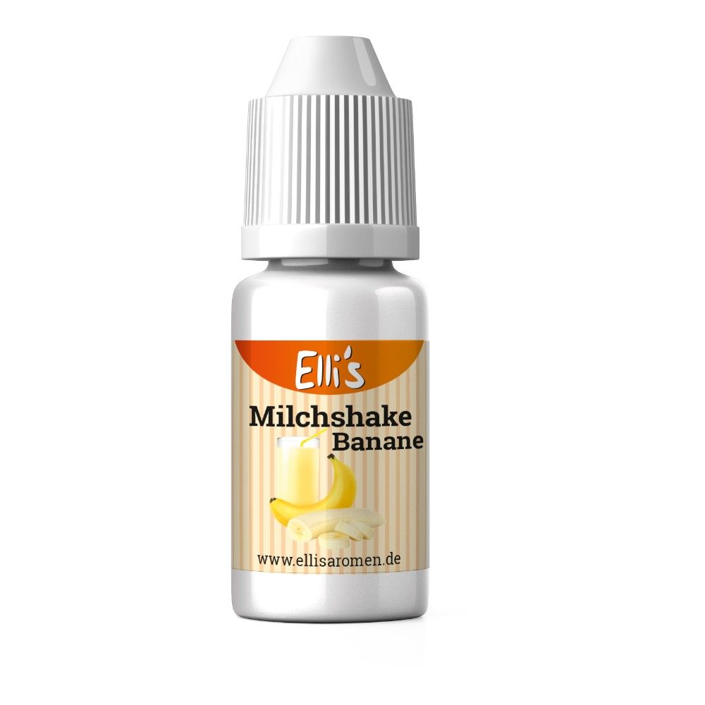 Fläschchen mit Etikett. Aufschrift: Elli's Milchshake Banane. Abbildung einer Banane und Milchshake.
