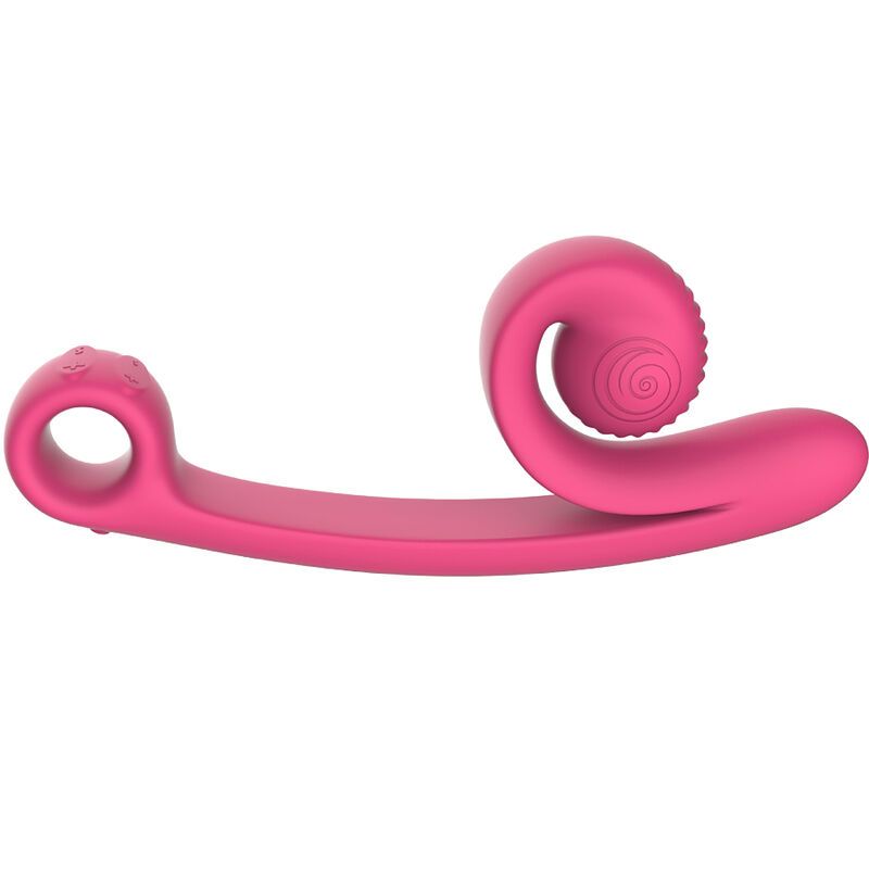 Rosa Vibrator mit spiralförmigem Kopf und Ring. Oberfläche mit Rillen und erhabenen Punkten.