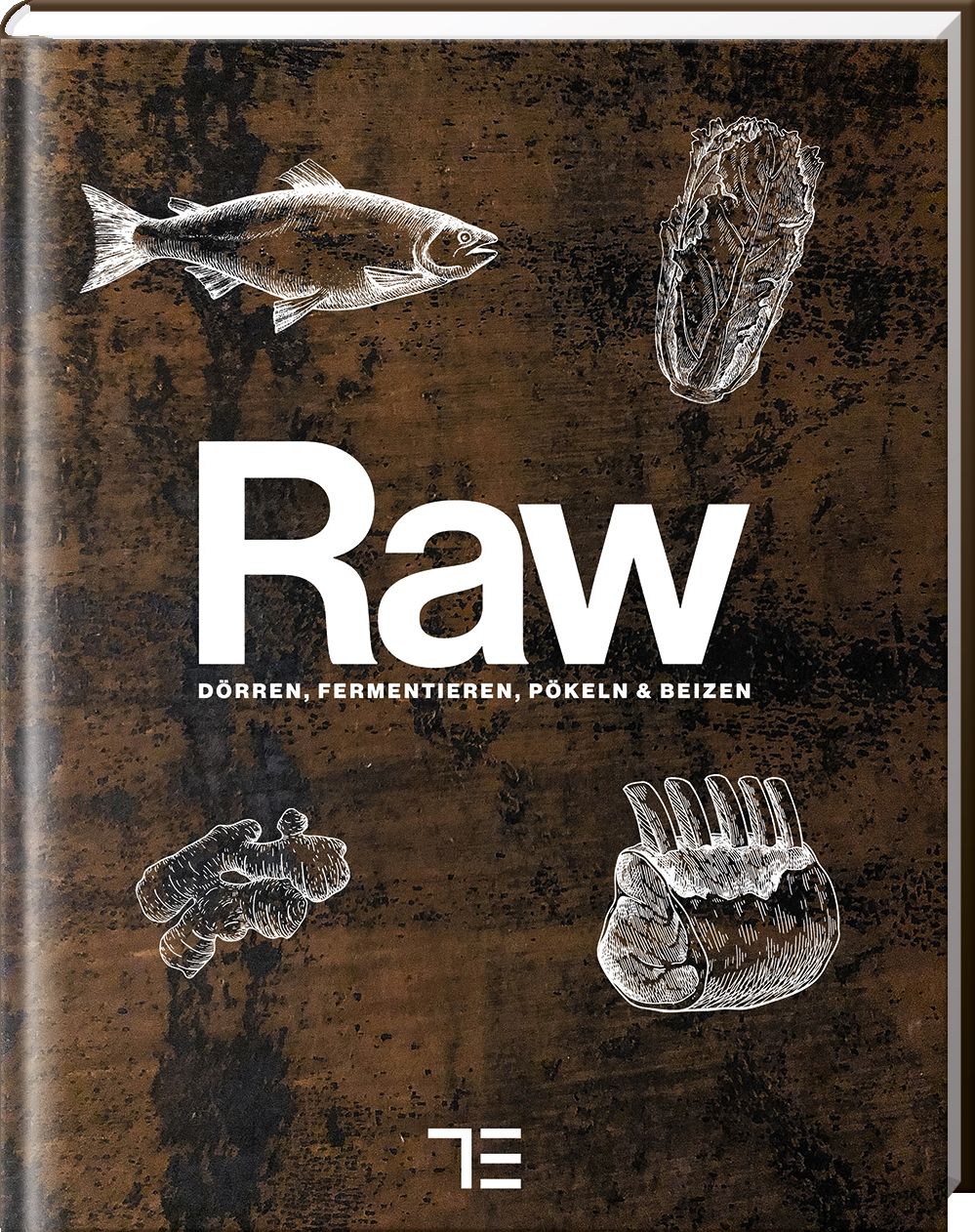 Buchcover mit dem Wort "Raw" in Weiß. Darunter "Dörren, Fermentieren, Pökeln & Beizen". Illustrationen von Fisch, Gemüse und Fleisch.