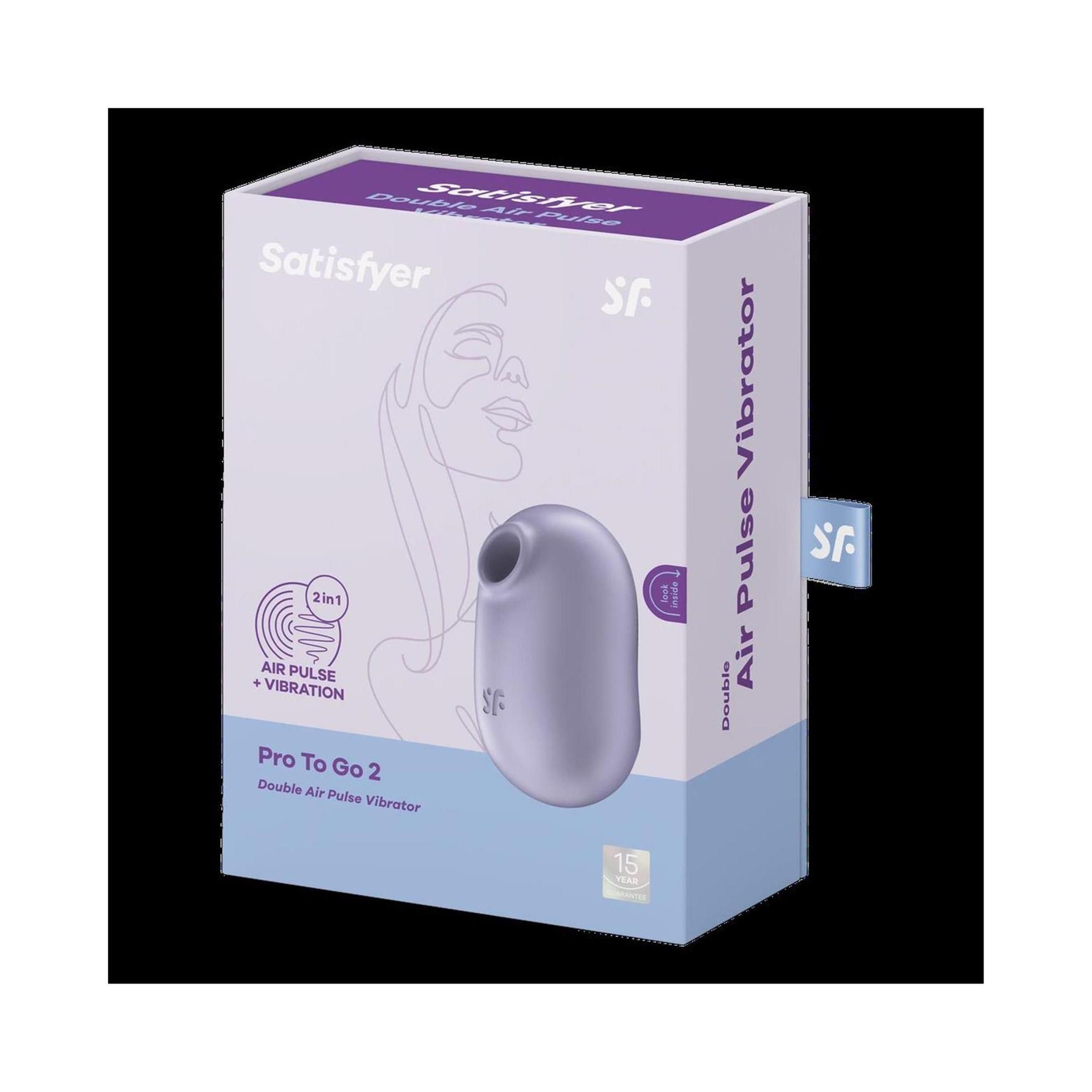Verpackung mit Produktabbildung. Aufschrift: Satisfyer, Pro To Go 2, Double Air Pulse Vibrator.