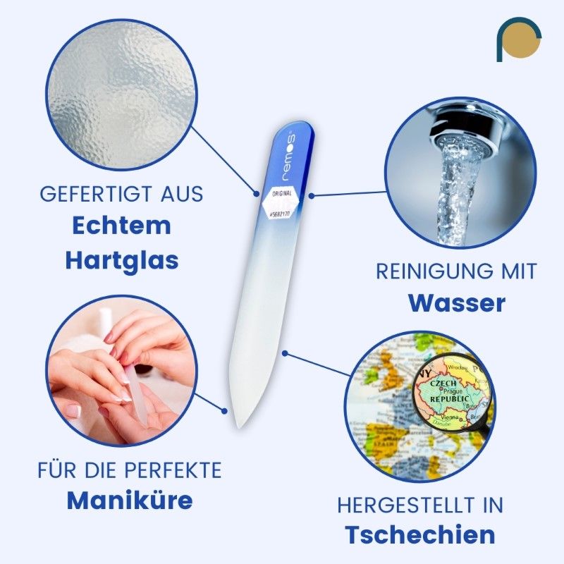 Glasnagelfeile, beidseitig, blau-weiß. Hergestellt in Tschechien. Marke remos.
