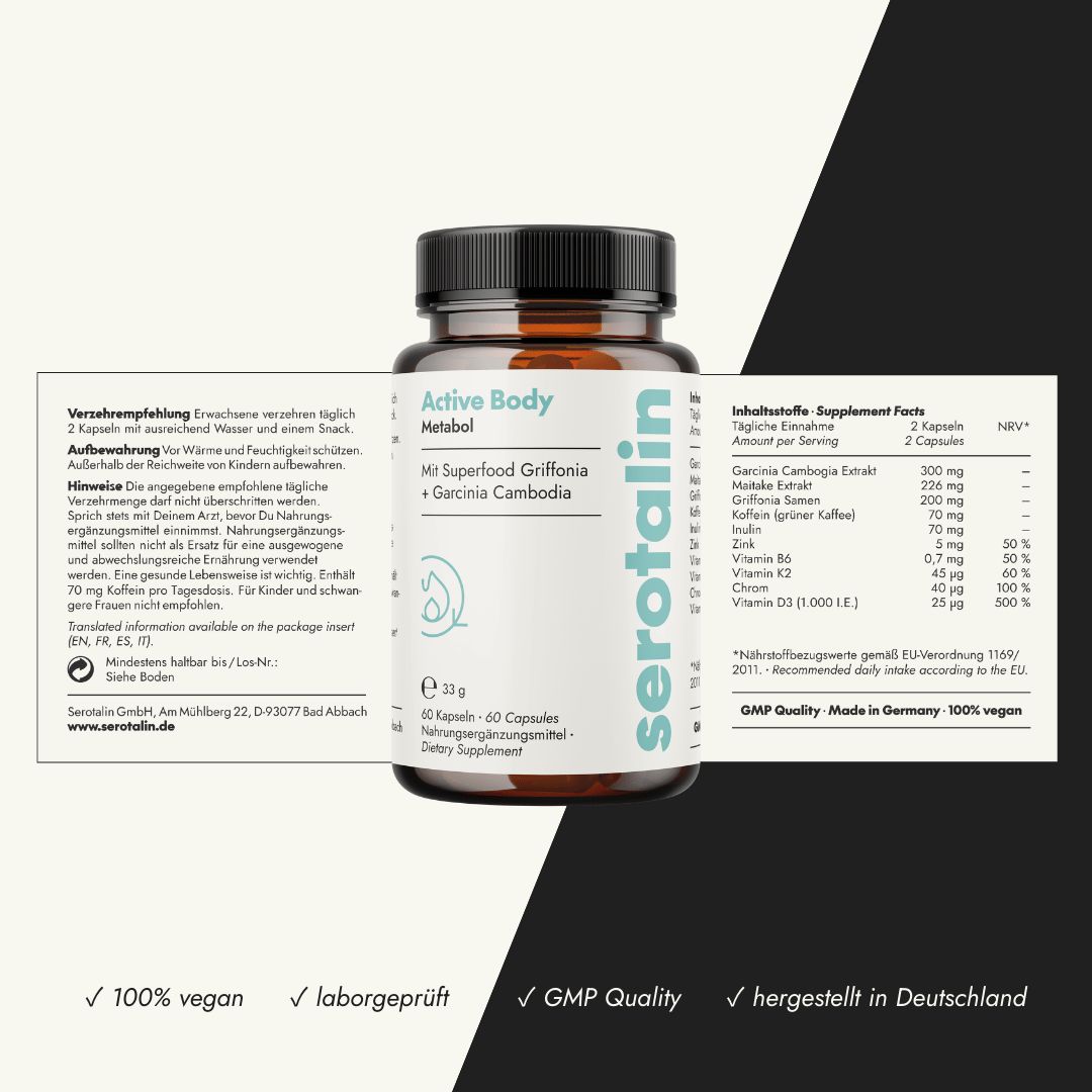 Flasche mit Kapseln, Packungsbeilage. Text: Active Body Metabol. Mit Superfood Griffonia + Garcinia Cambogia. 100% vegan, GMP Quality, Made in Germany.