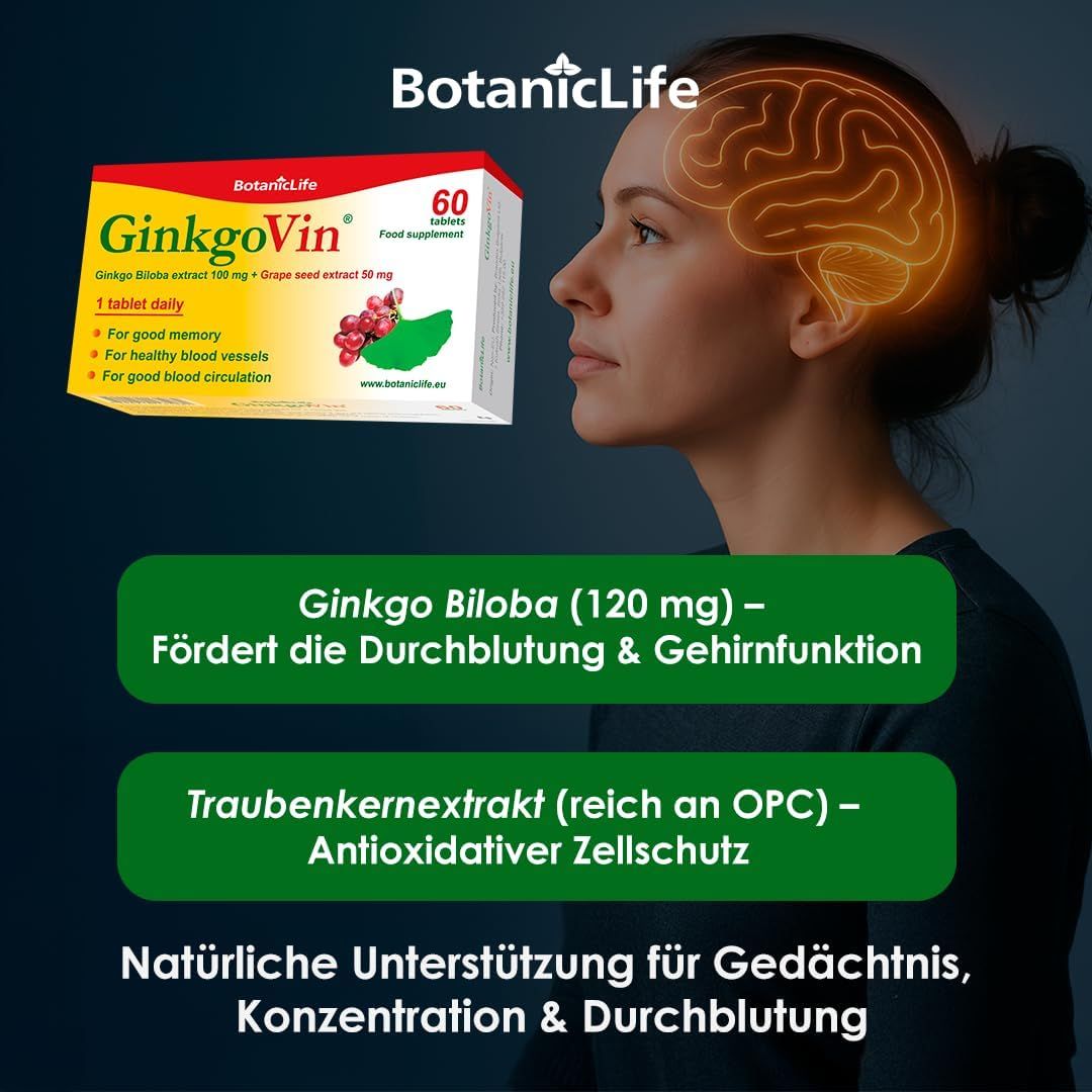 Frau mit beleuchtetem Gehirn. Neben ihr die GinkgoVin-Packung. Text: Ginkgo Biloba, fördert Durchblutung & Gehirnfunktion. Traubenkernextrakt, antioxidativ.