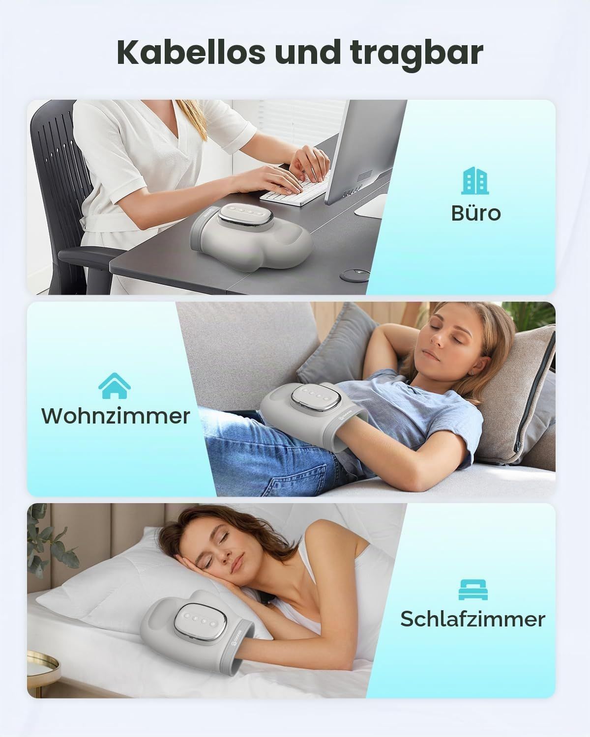 Handmassagegerät in Gebrauch im Büro, Wohnzimmer und Schlafzimmer.