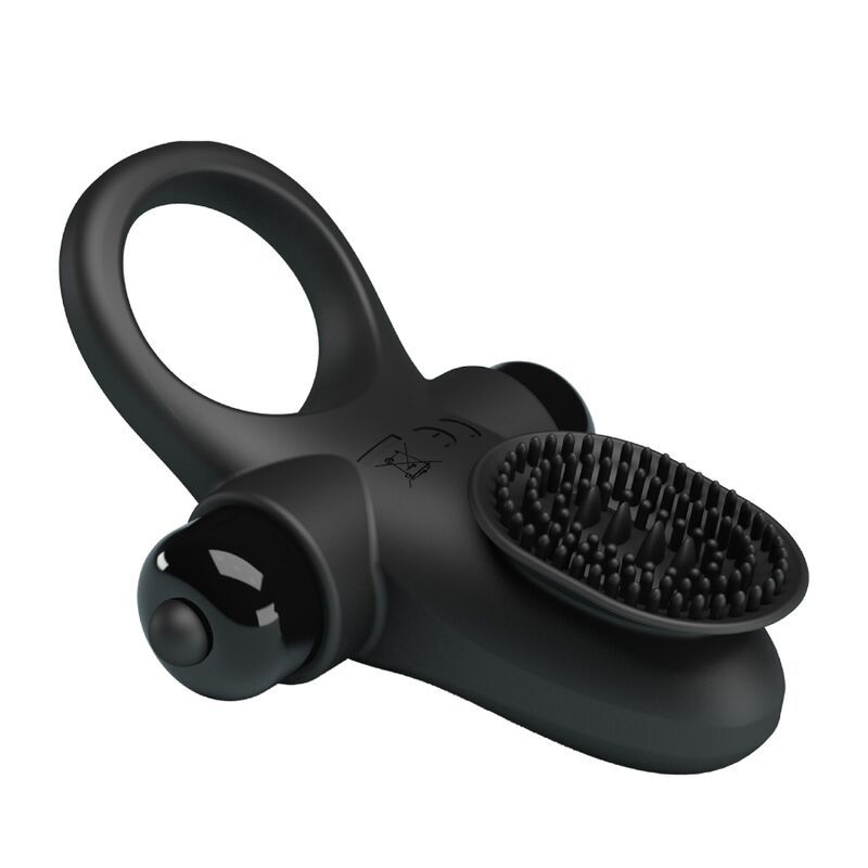 Schwarzer Penisring mit Ring, Vibrationsaufsatz und Noppen. CE-Zeichen.