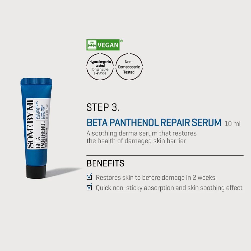 Blaue Tube mit schwarzem Deckel. Aufschrift: Beta Panthenol Repair Serum. Vegan-Logo. Text daneben.