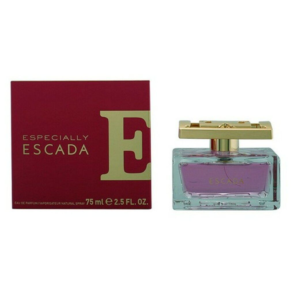 Flakon und Verpackung von Escada, Especially EdP Nat. Spray. Flakon rechteckig, rosa Flüssigkeit, goldener Verschluss. Verpackung rot.