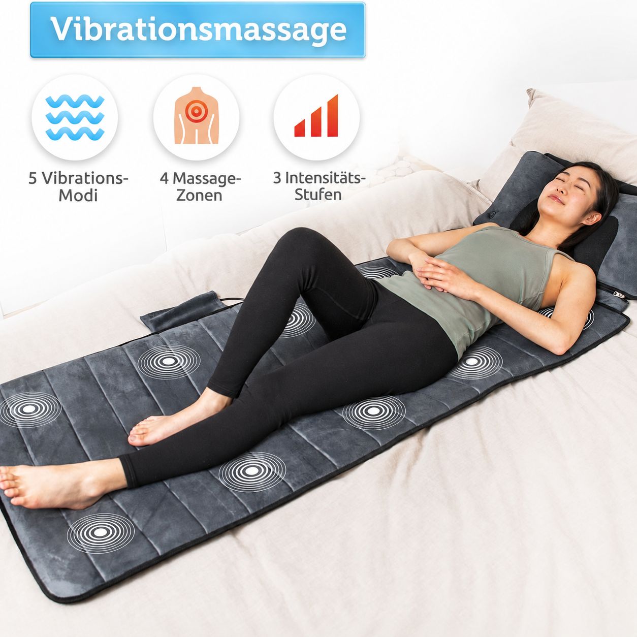 Massagematte mit 5 Vibrationsmodi, 4 Massagezonen und 3 Intensitätsstufen.