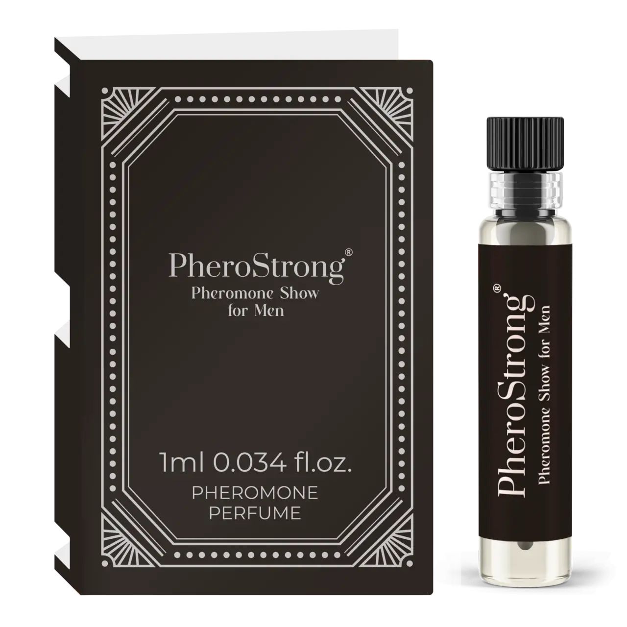 PheroStrong Pheromone Show für Männer. Flakon und Verpackung. Schwarzer Flakon mit schwarzem Deckel. Schwarze Verpackung mit weißer Schrift.