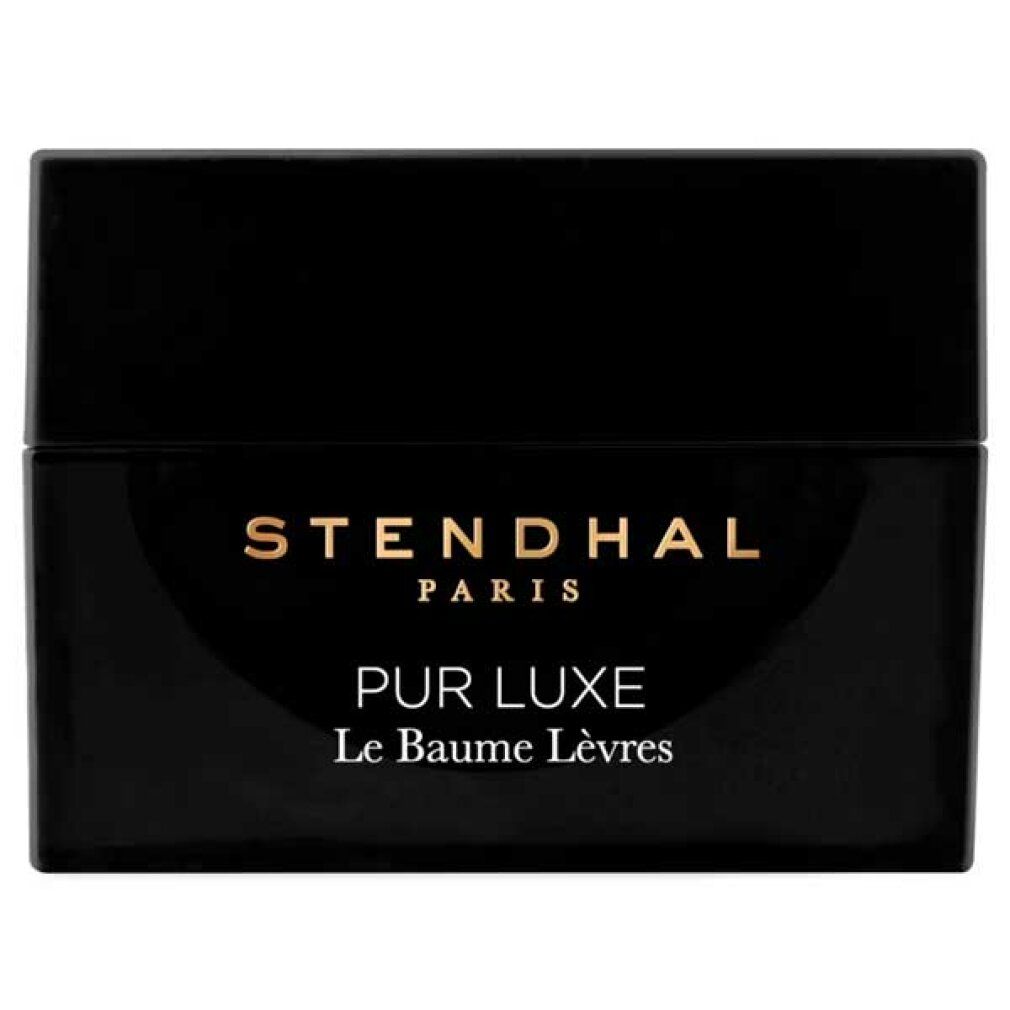 Schwarzer Tiegel mit goldfarbenem Schriftzug. Aufschrift: STENDHAL PARIS, PUR LUXE Le Baume Lèvres.