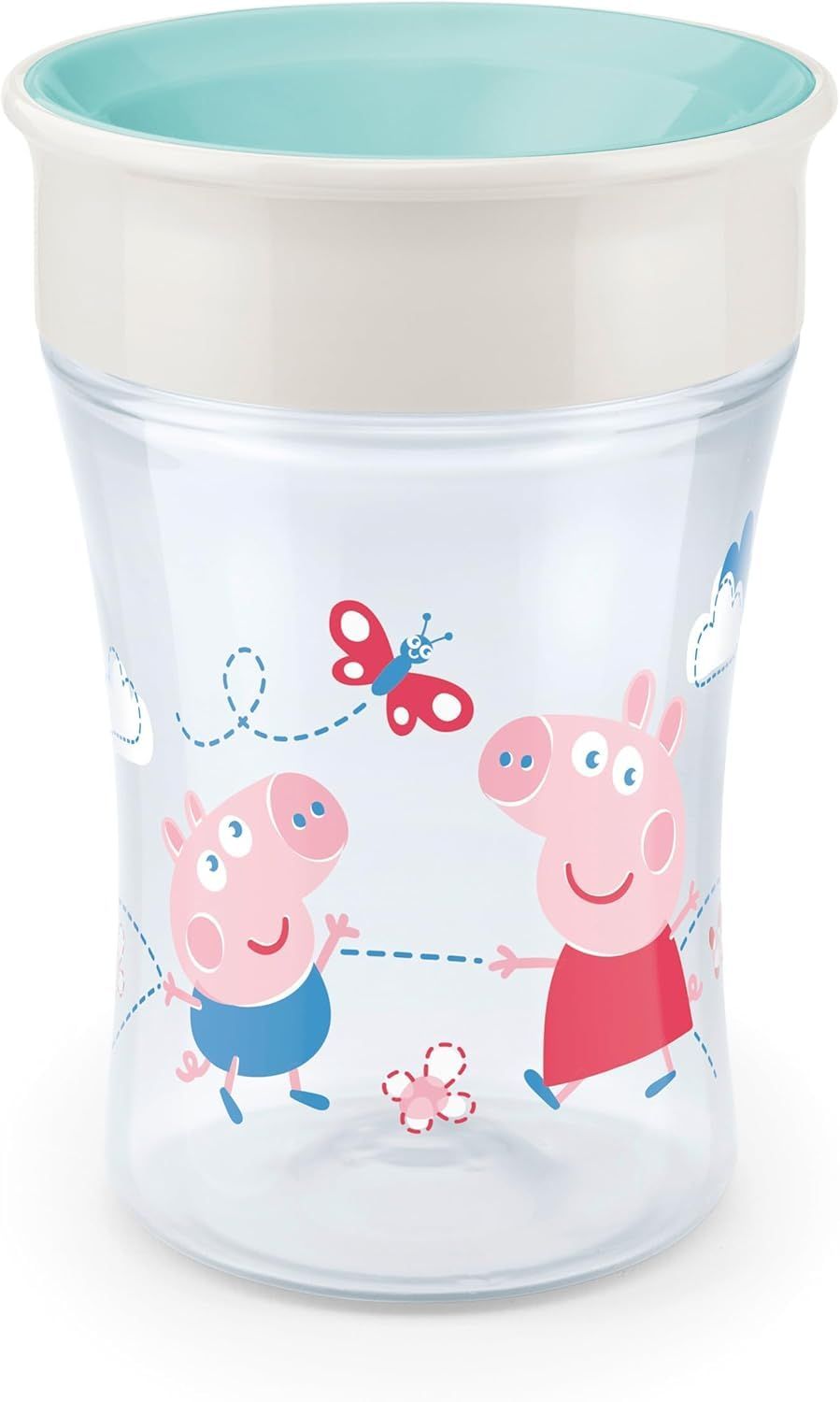 Trinkbecher mit Peppa Wutz-Motiv. Türkis-farbener Rand, weißer Deckel, transparenter Becher.
