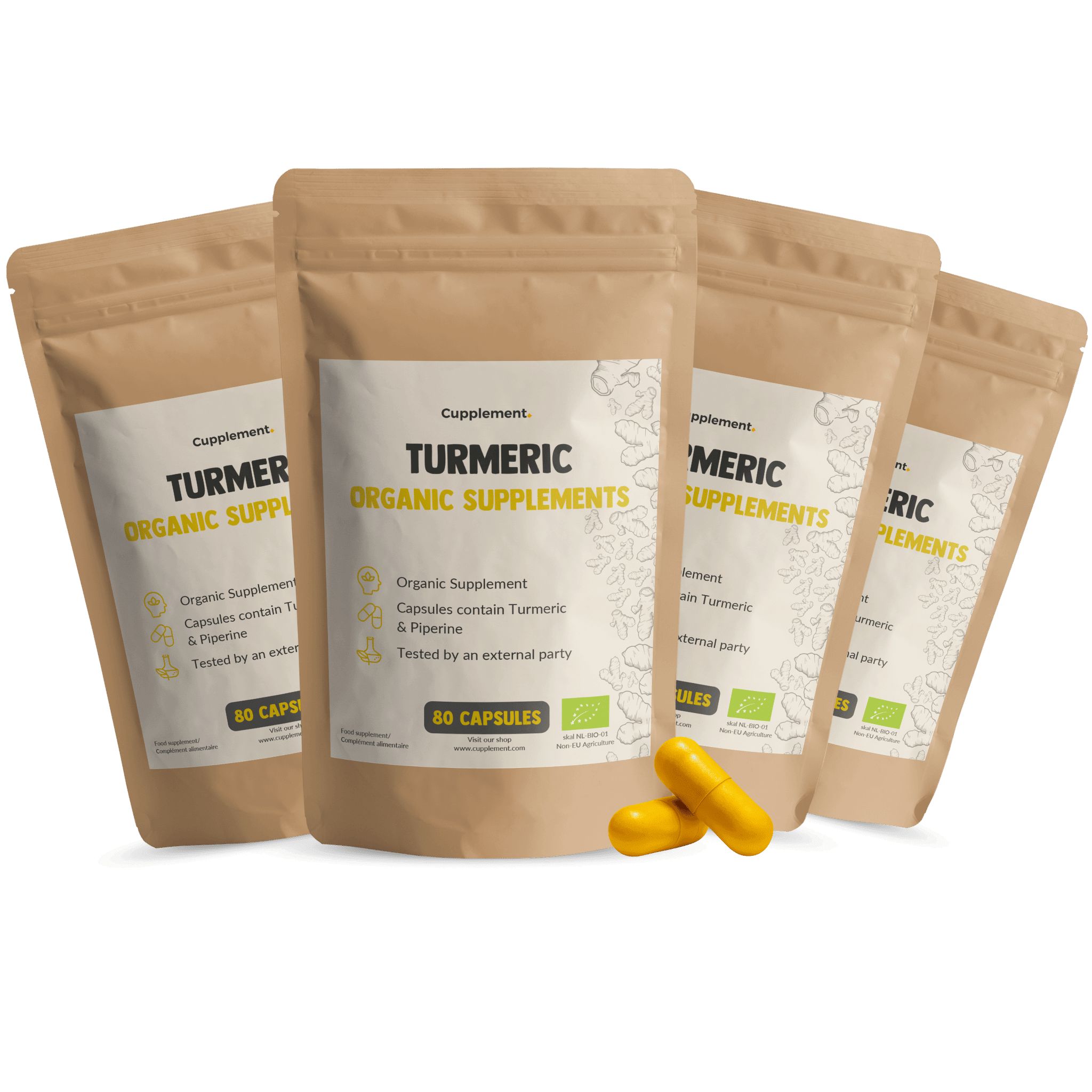 Mehrere Beutel mit Kurkuma-Kapseln. Aufschrift: TURMERIC ORGANIC SUPPLEMENTS. 80 Kapseln.