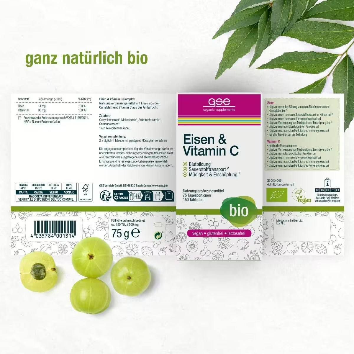 Geöffnete Verpackung mit 'Eisen & Vitamin C'. Bio-Siegel, 150 Tabletten. Vegan, glutenfrei, laktosefrei. Grüne Früchte.