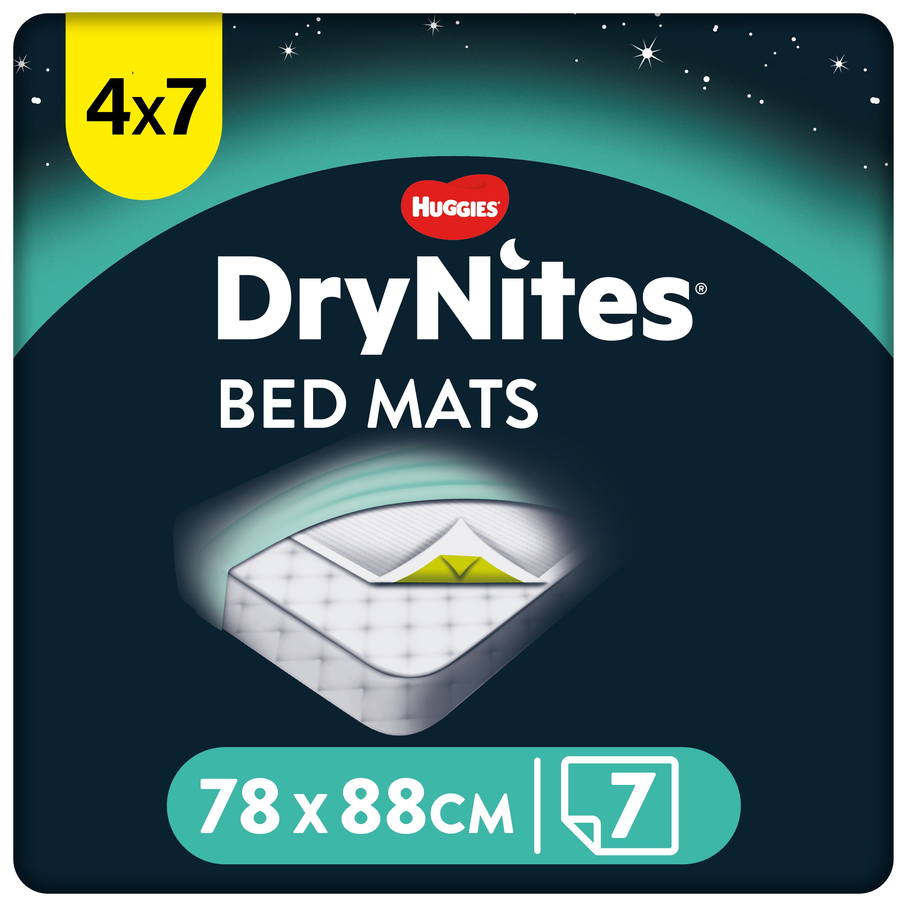Verpackung von Huggies DryNites Bed Mats. Größe 78 x 88 cm. 7 Stück. Aufdruck: 4x7.