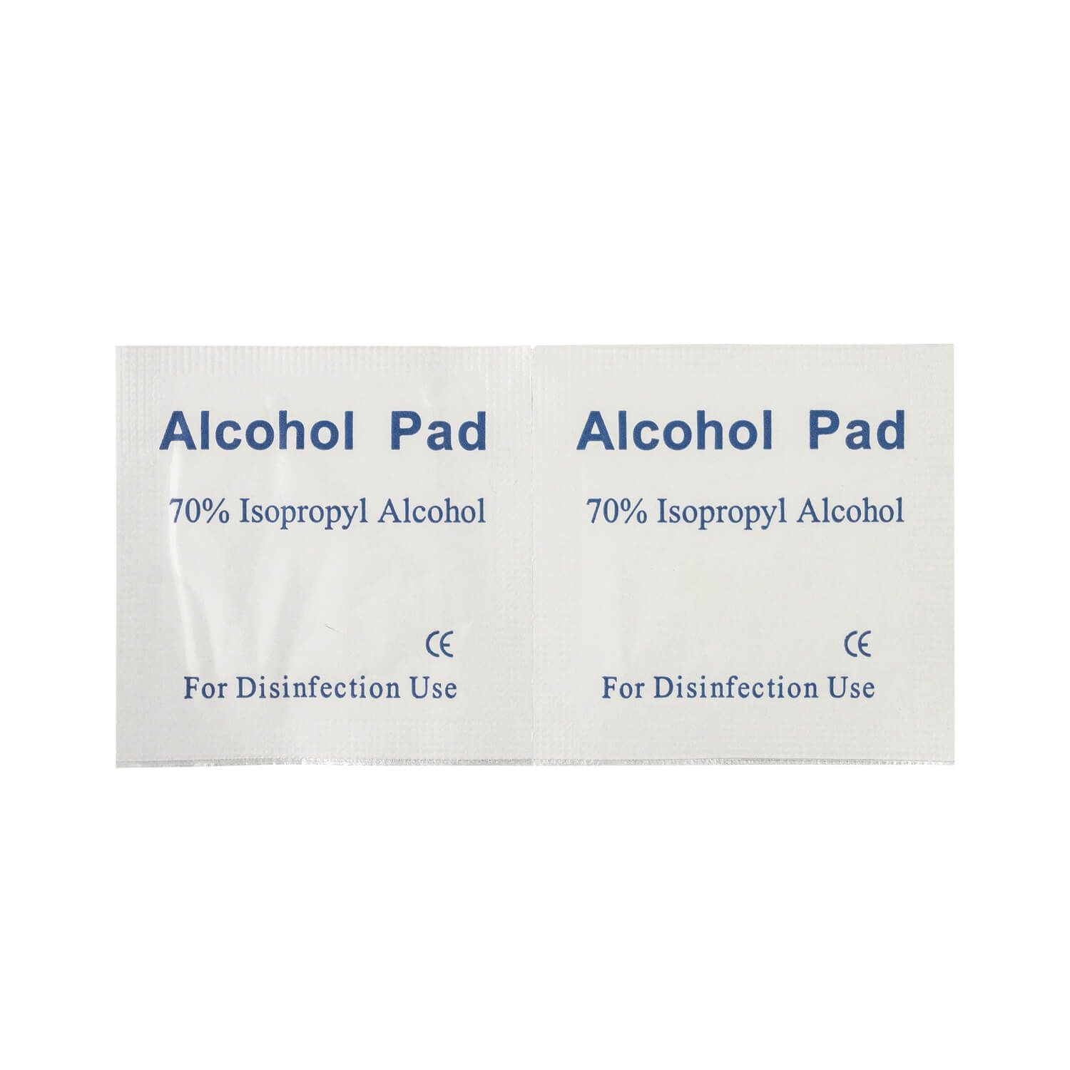 Zwei Alkoholtupfer mit Aufschrift 'Alcohol Pad' und CE-Kennzeichnung.