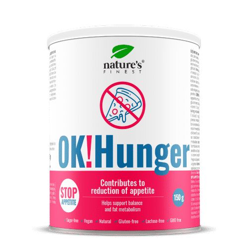 Zylindrische Dose mit "OK!Hunger"-Aufdruck. Enthält 150g. "Nature's Finest"-Logo. Rosa Etikett mit Text: "Reduziert Appetit".