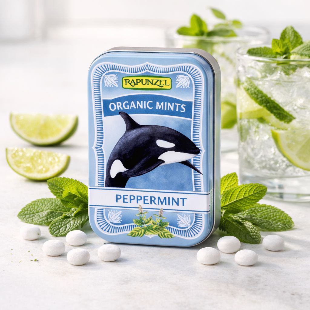 Rapunzel Bio-Minzbonbons mit Orca-Motiv, Pfefferminzgeschmack, neben Minze und Limette.