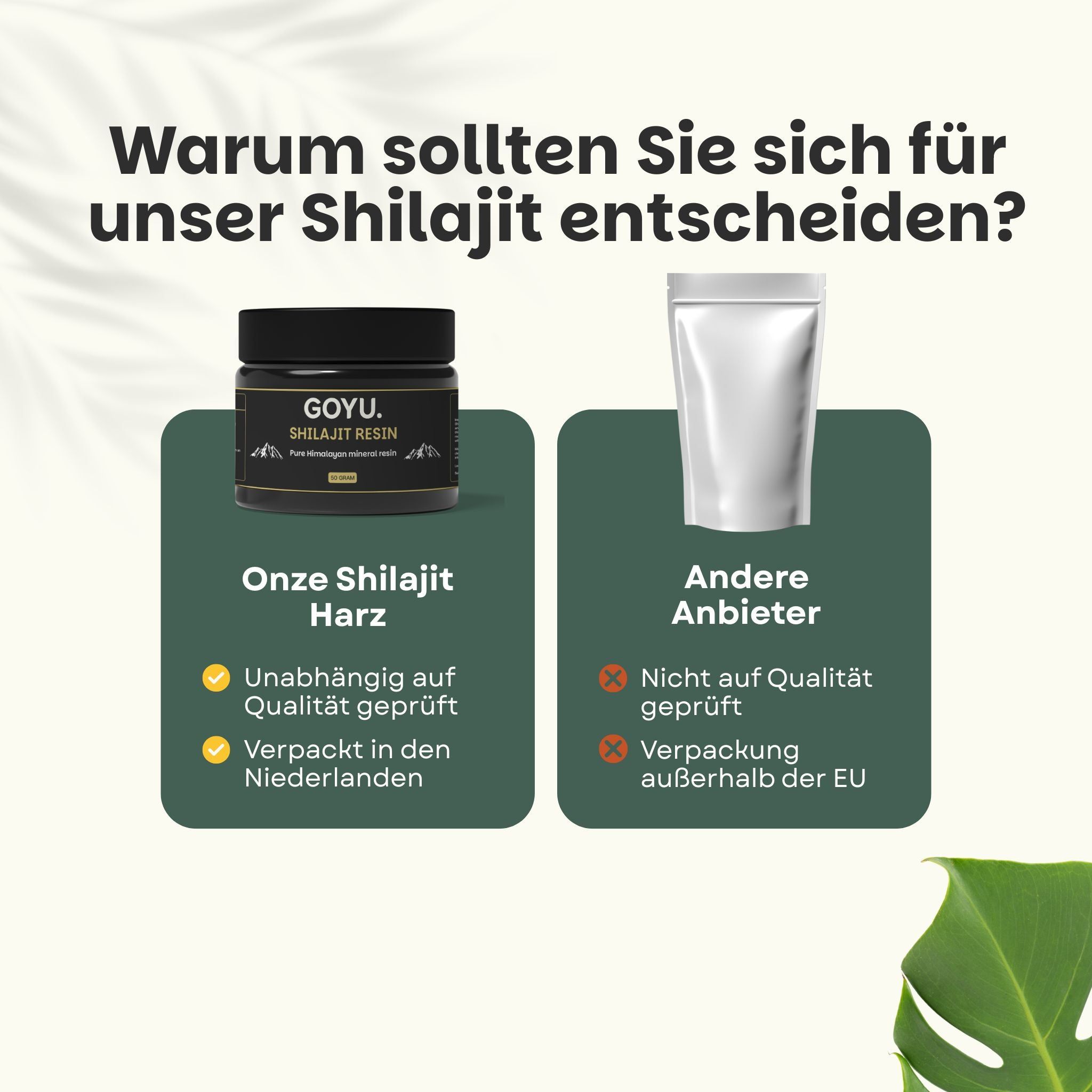Vergleich: Shilajit-Harz vs. andere Anbieter. Text: Unabhängig auf Qualität geprüft, verpackt in NL.