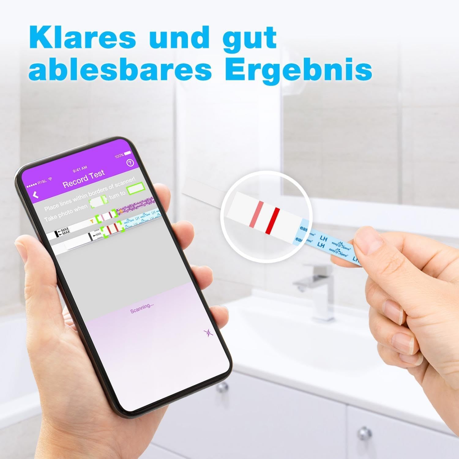 Smartphone mit App-Anzeige und Teststreifen. Text: Klares und gut ablesbares Ergebnis. Teststreifen mit zwei Linien.