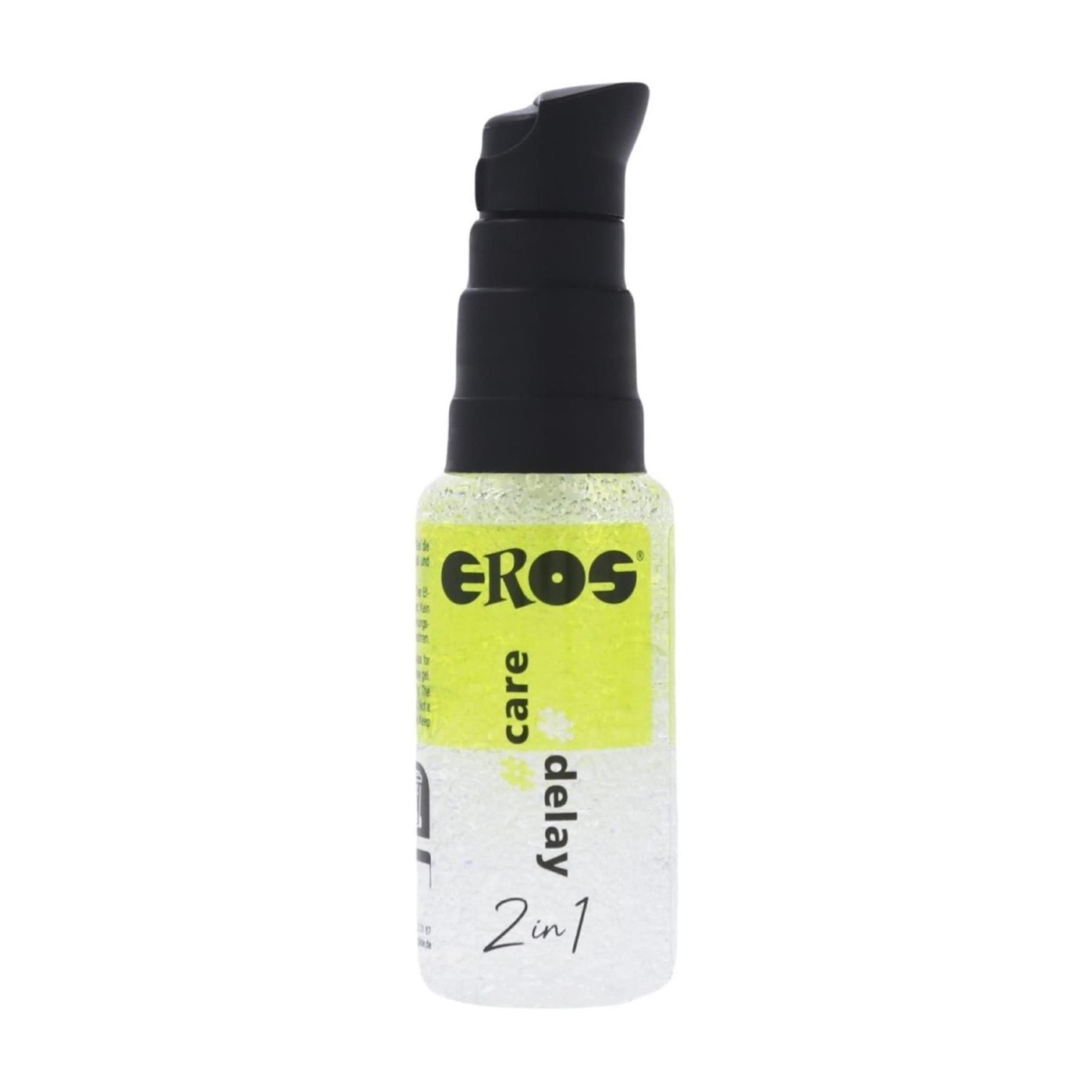 Flasche mit schwarzem Pumpkopf. Gelbes Etikett mit "EROS care delay 2in1".