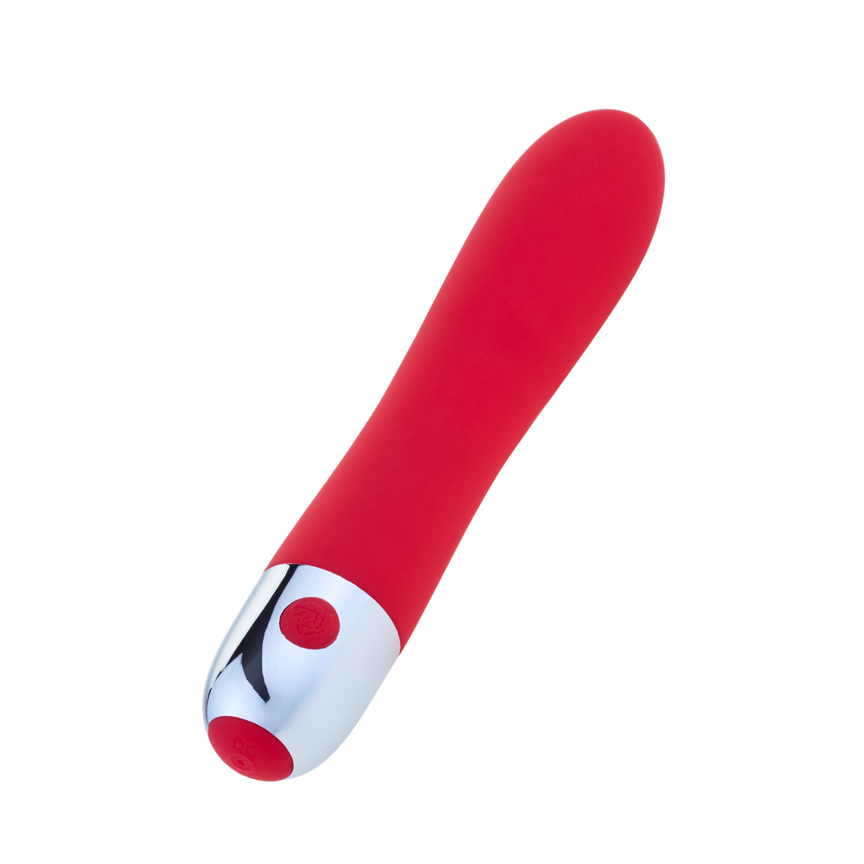 Roter Vibrator mit silberfarbenem Kopf und rotem Knopf. Glatte Oberfläche, ergonomische Form.