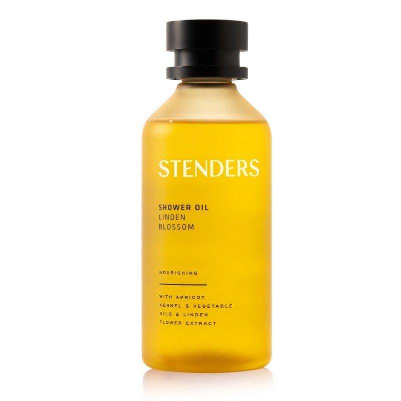 Gelbe Flasche mit schwarzem Deckel. Aufschrift: STENDERS, SHOWER OIL LINDEN BLOSSOM. Enthält Aprikosenkernöl und Lindenblütenextrakt.
