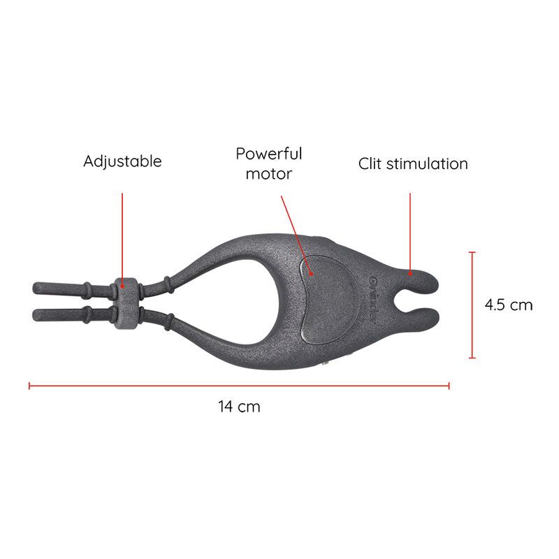 Grauer Vibratorring mit Klitorisstimulator. Beschriftungen: Adjustable, Powerful motor, Clit stimulation. Maße: 14 cm x 4,5 cm.