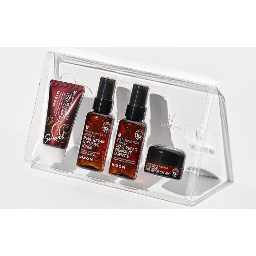 Set di miniature di lusso con lumaca. Vier Produkte in transparentem Kunststoffbehälter. Enthält Toner, Essenz, Creme und Reinigungsmittel.