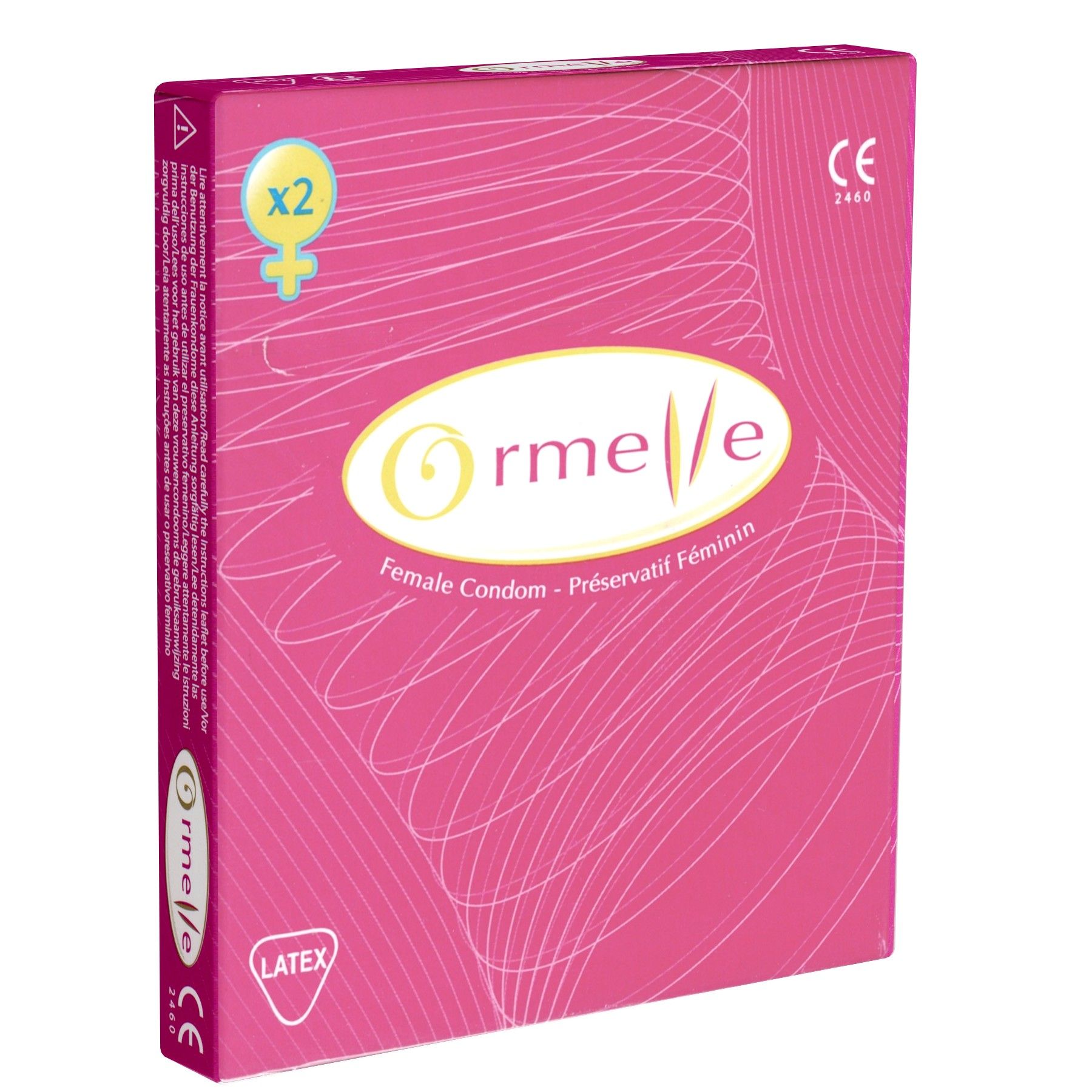 Rosa Verpackung mit "Ormelle"-Logo und Text "Female Condom - Préservatif Féminin". Enthält zwei Kondome. CE-Kennzeichnung.