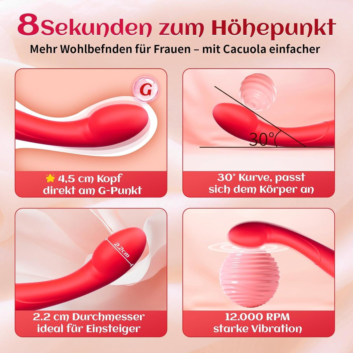 Vier Ansichten eines roten Vibrators: G-Punkt-Kopf, 30° Kurve, 2,2 cm Durchmesser und 12.000 U/min.