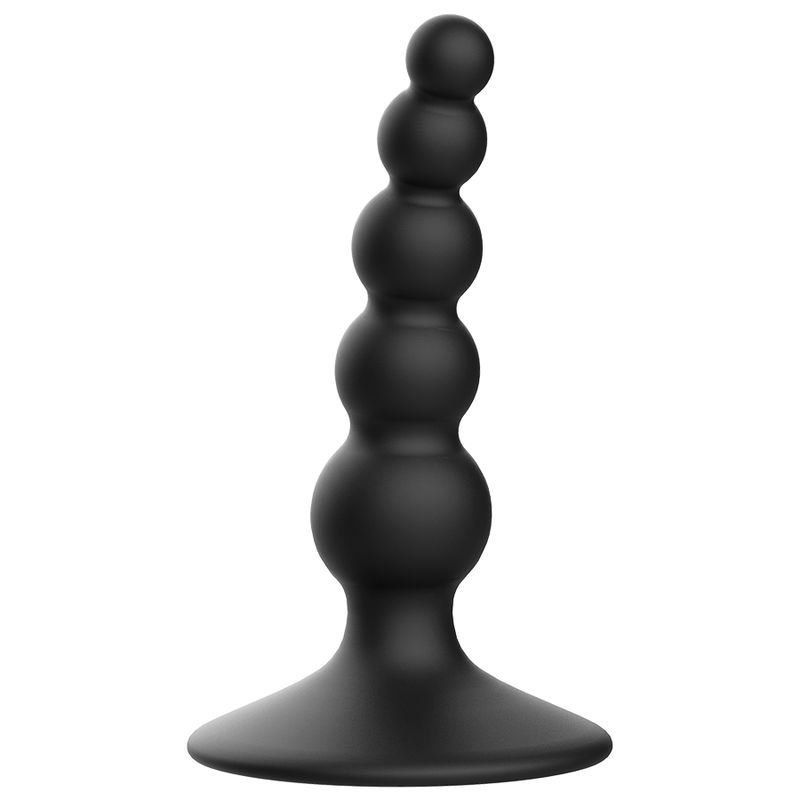 Schwarzer Analplug mit abgerundeten Kugeln und breiter Basis. Aus flexiblem Material.