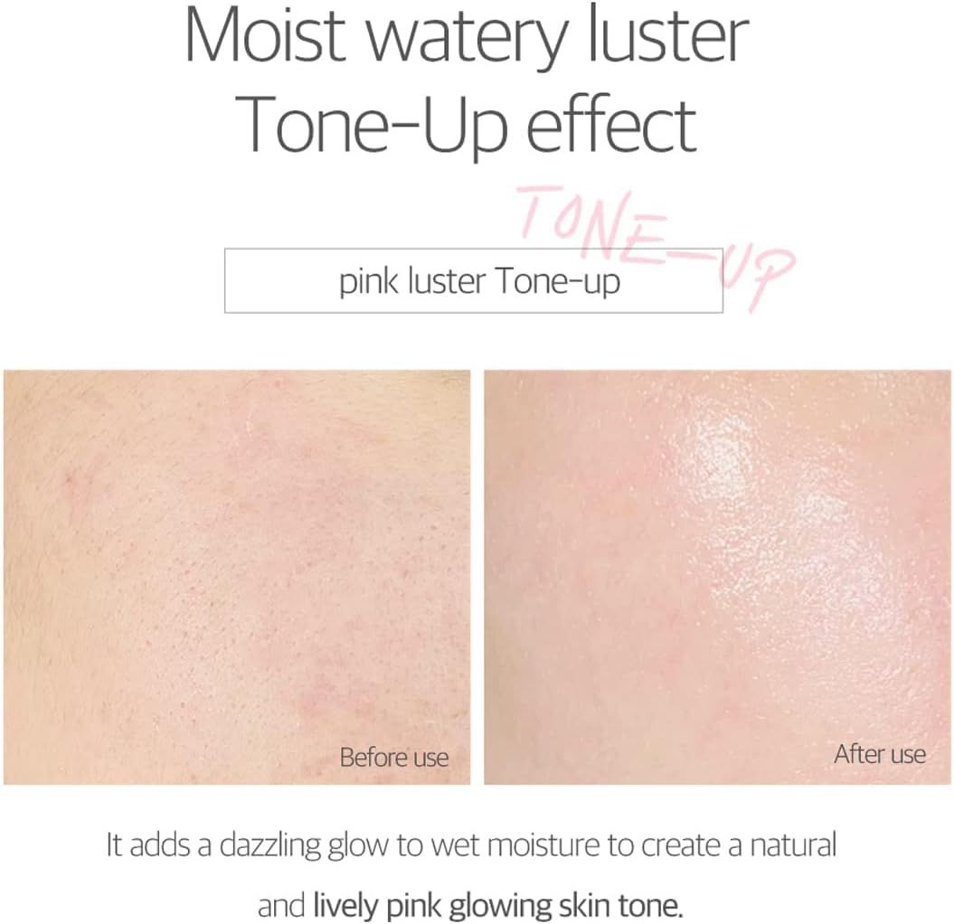 Vorher-Nachher-Vergleich. Text: Moist watery luster Tone-Up effect. Pinker Farbton. Haut wirkt glänzend.