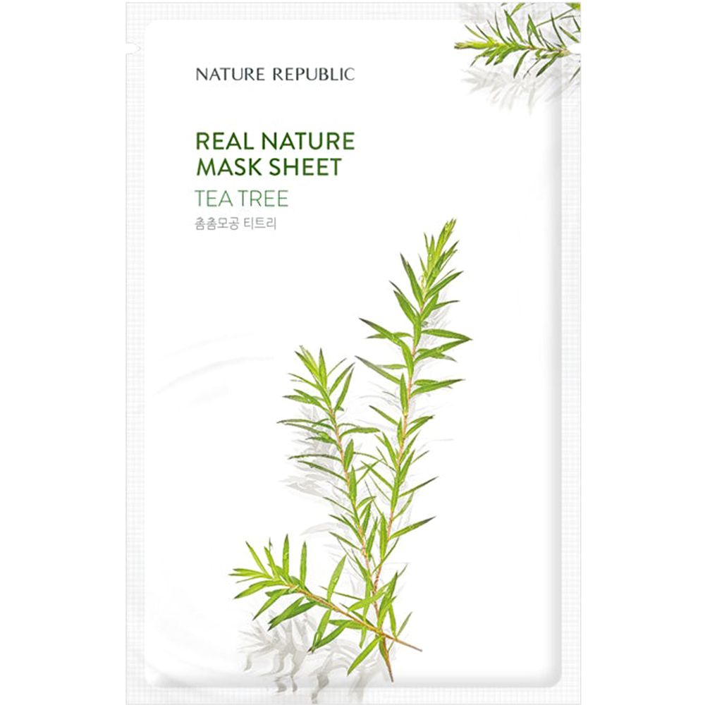 Verpackung der NATURE REPUBLIC Real Nature Tea Tree Sheet Mask. Weißes Sachet mit grünen Teebaum-Illustrationen und Produktbezeichnung.