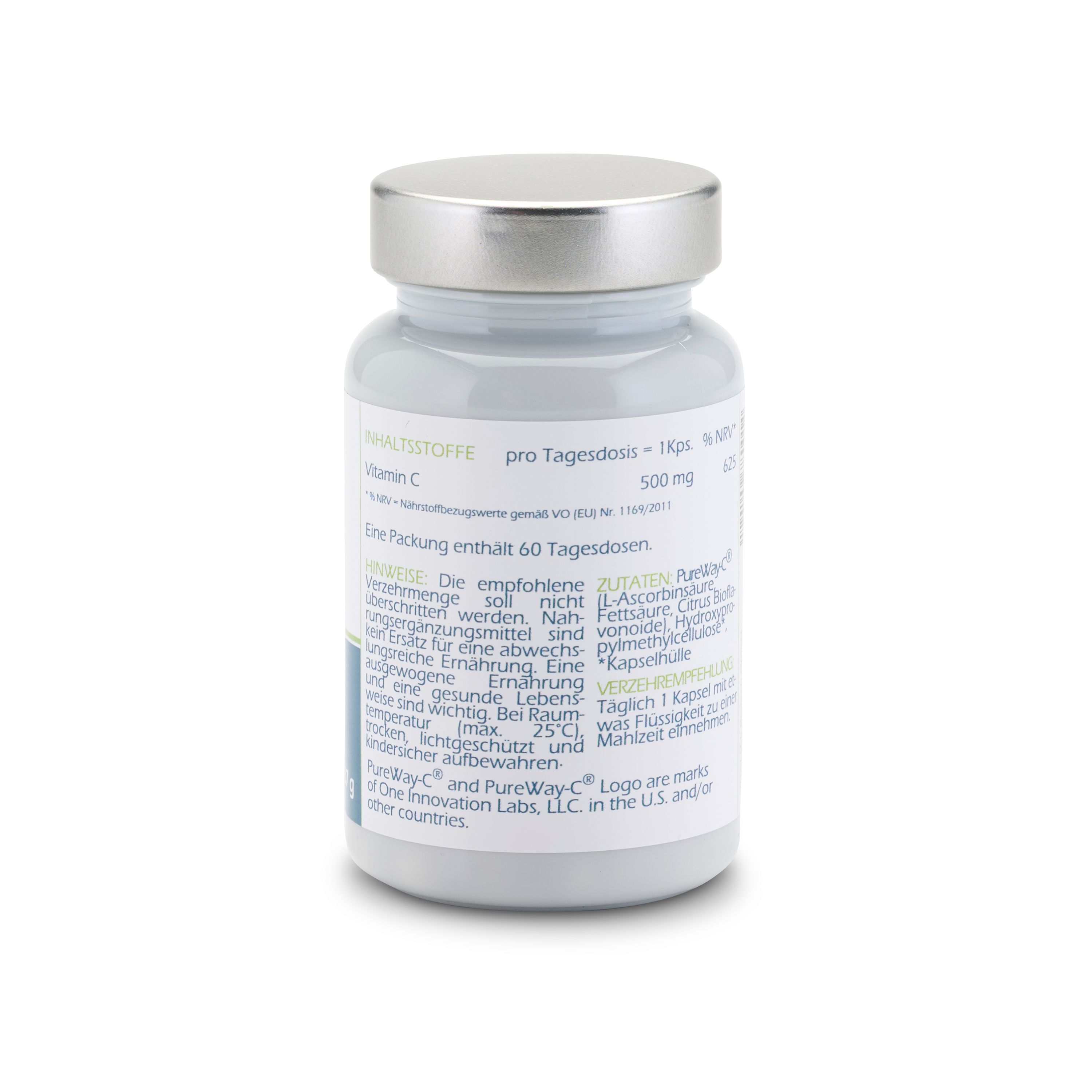 Rückseite einer Flasche mit Vitamin C Kapseln. Enthält Informationen zu Inhaltsstoffen und Dosierung.