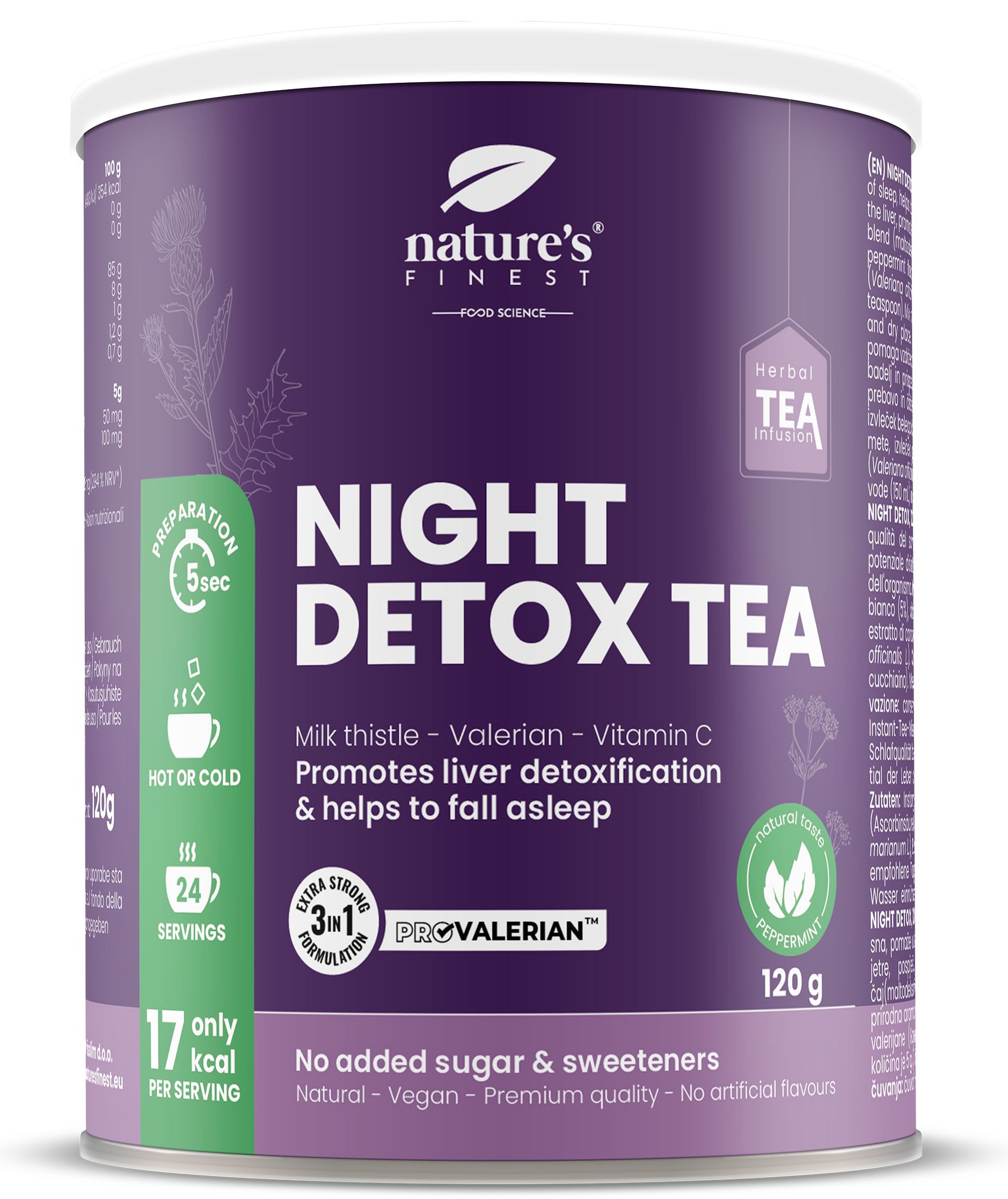 Dose Nature's Finest Night Detox Tea. Lila Dose mit weißer Schrift. Enthält Baldrian und Mariendistel. 120g.
