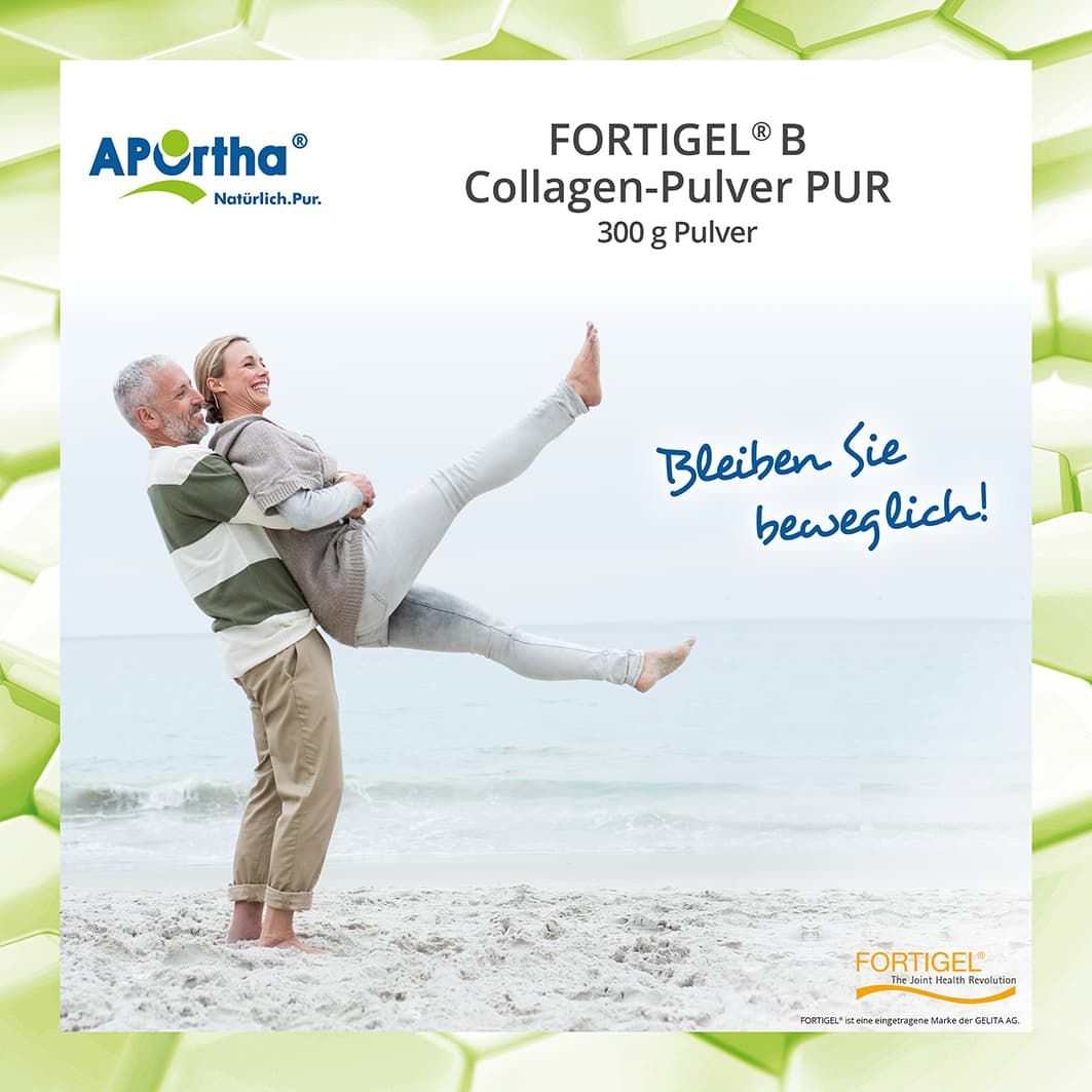 APOrtha Fortigel B Collagen-Pulver PUR: 300g Pulver. Ein Paar am Strand, das sich bewegt.