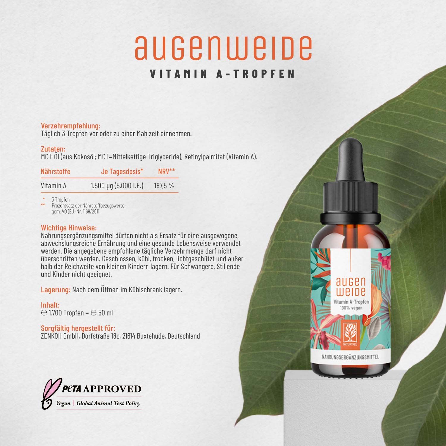 AUGENWEIDE-Flasche mit Etikett. Vitamin A-Tropfen. Inhaltsstoffe und Dosierung. 50 ml. PETA-Logo. Naturtreu Logo.