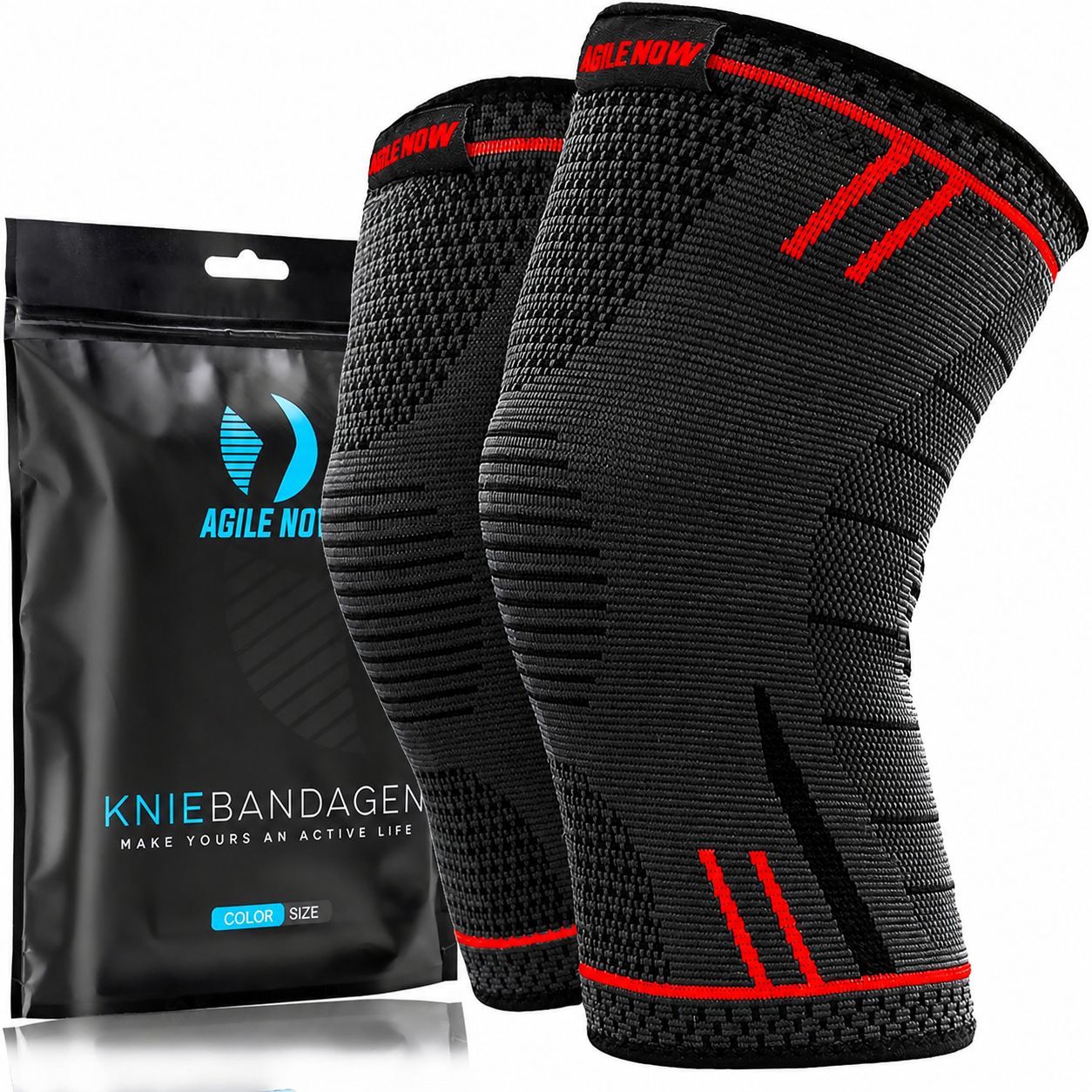 Zwei Kniebandagen in Verpackung. Schwarze Tasche mit Logo. Rote und schwarze Details.