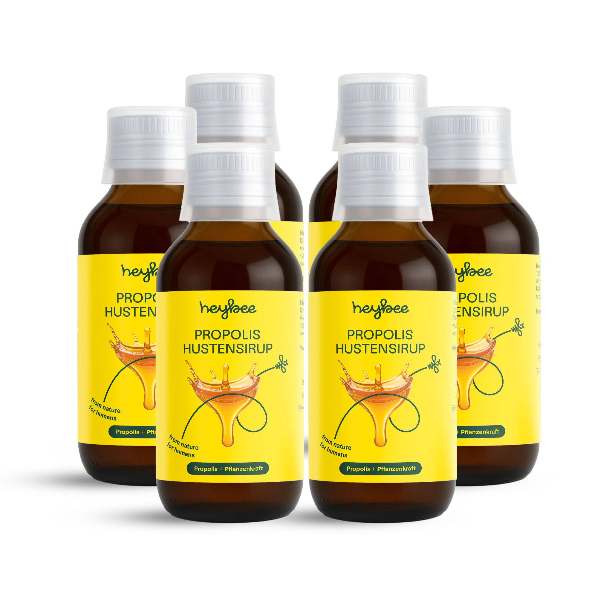 Fünf Heybee Propolis Hustensirup Flaschen. Gelbe Etiketten, braune Flüssigkeit. Weißer Hintergrund.